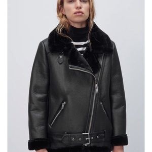 Zara | Faux Leather & Fur Double-Faced Aviator Jacket